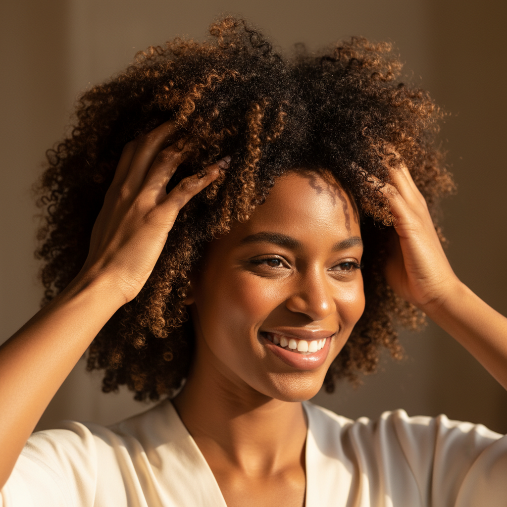 Black woman elegantly applying shea butter to her hair